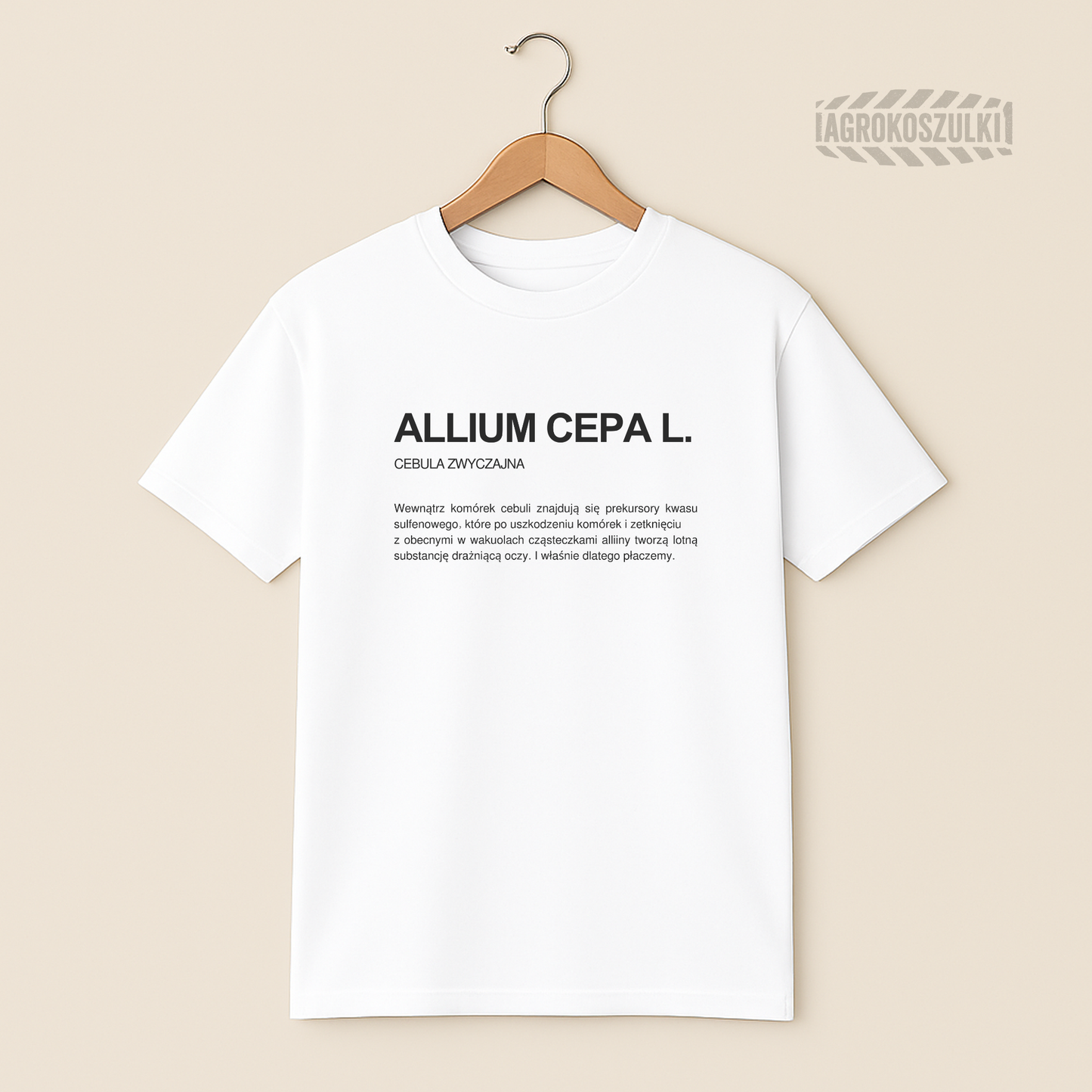 Cebula (Allium Cepa L.)— biała koszulka z nadrukiem (typografia)
