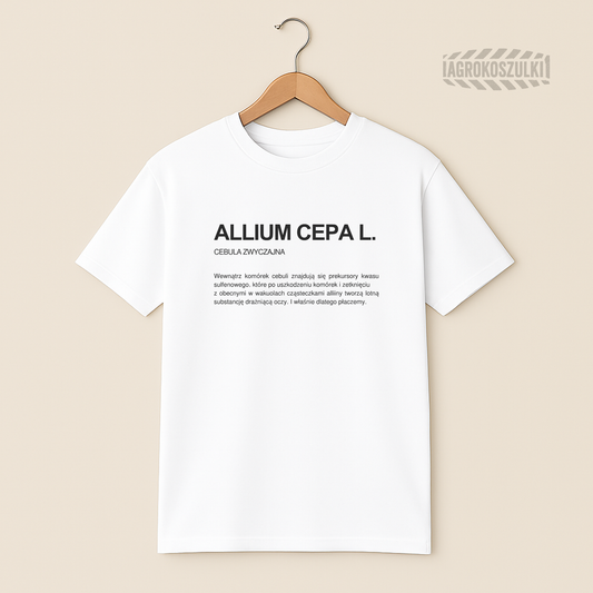 Cebula (Allium Cepa L.)— biała koszulka z nadrukiem (typografia)