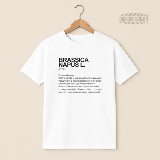 Rzepak (Brassica Napus L.)— biała koszulka z nadrukiem (typografia)