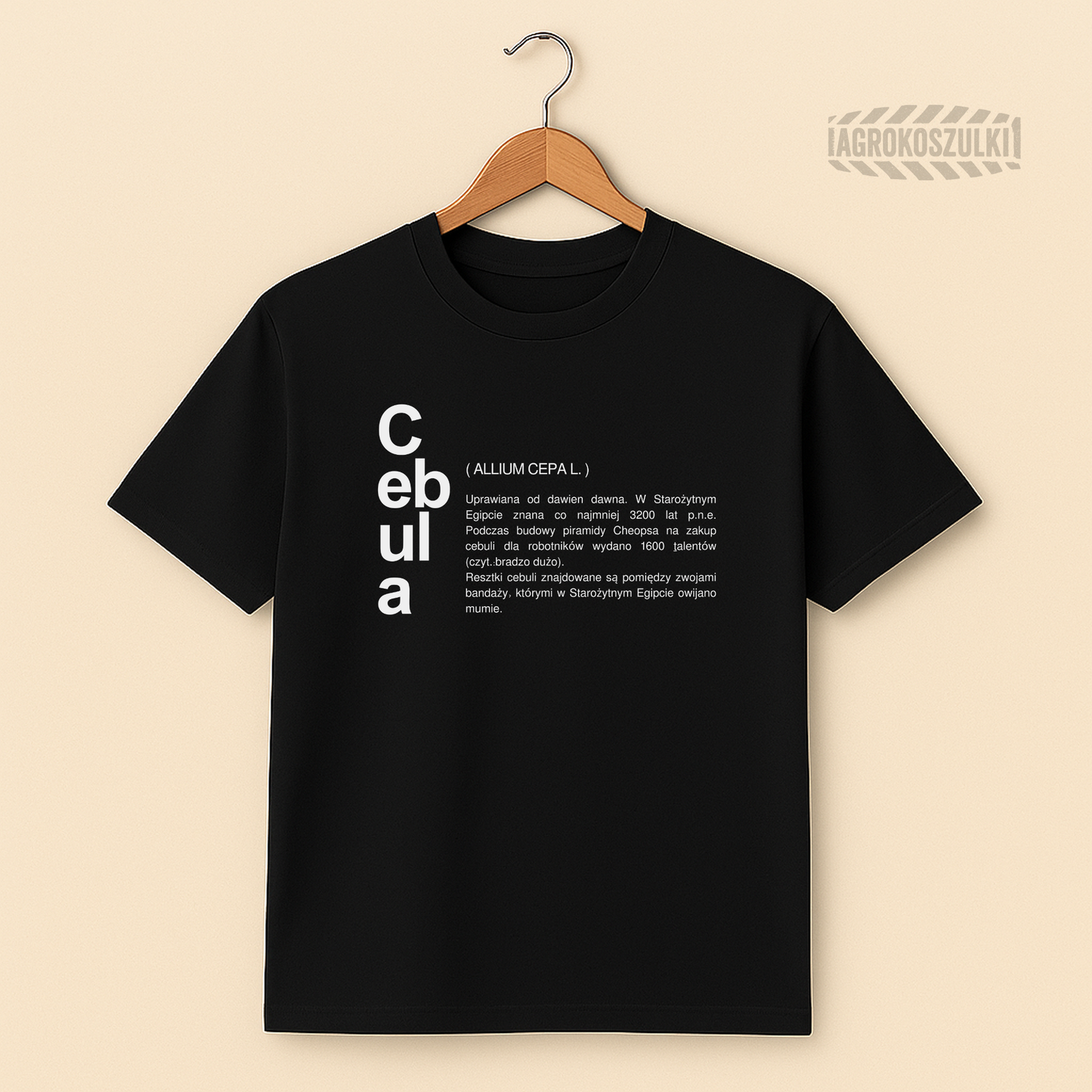 Cebula — czarna koszulka z nadrukiem (typografia)