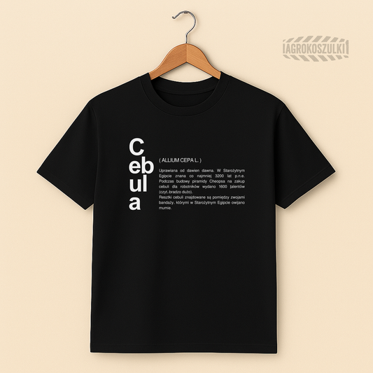 Cebula — czarna koszulka z nadrukiem (typografia)
