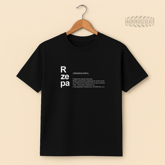 Rzepa — czarna koszulka z nadrukiem (typografia)