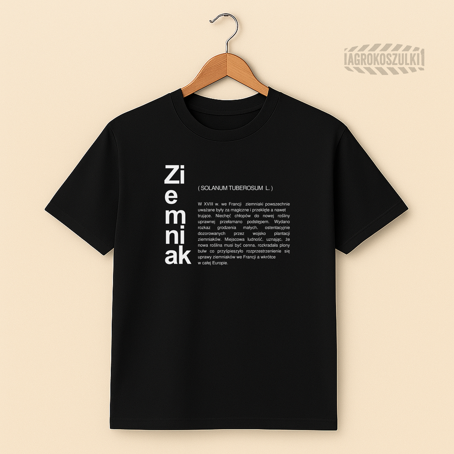Ziemniak — czarna koszulka z nadrukiem (typografia)